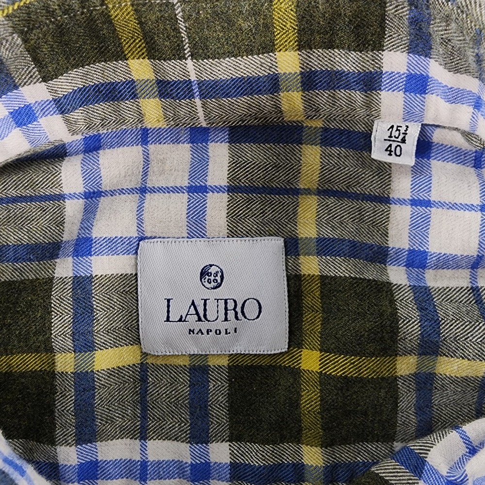 Lauro Napoli Shirt Mens 15.75 40 Olive Blue Plaid 100% Cotton Made in Italy - Picture 3 of 10
